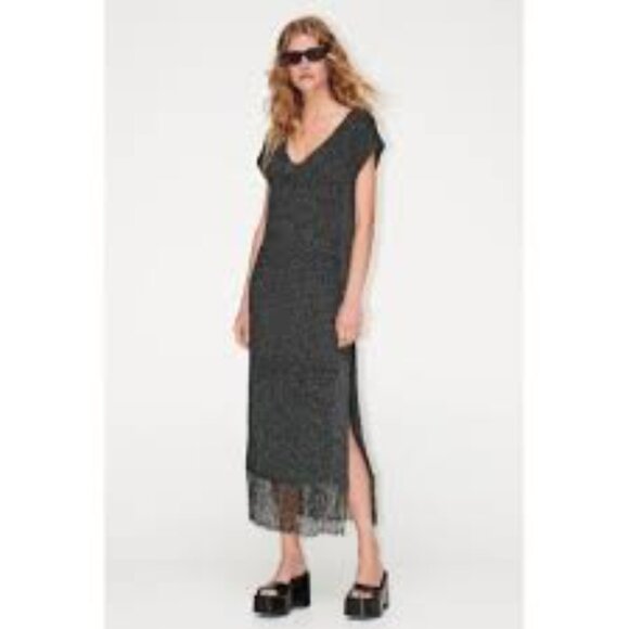 Women's Zara Knit Midi Metallic Black Silver V-Neck Dress Fringe Bottom Size S - Picture 2 of 14